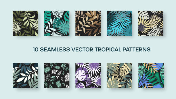 Vector seamless pattern with colorful tropical leaves, exotic twigs, abstract elements on a black background. vector art illustration