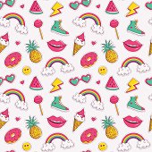 Cute seamless pattern with colorful patch badges. Fashion background in white, pink, blue-green and yellow colors. Vector trendy illustration in 80s-90s comic style.