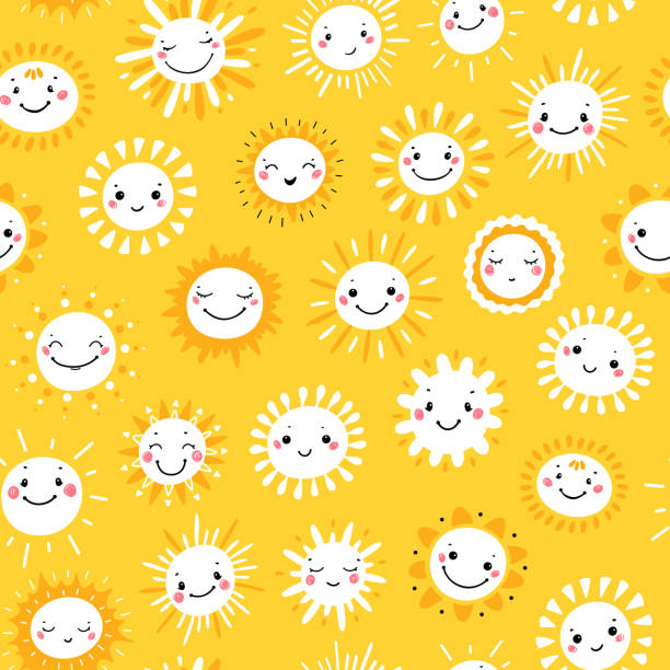 ilustrações, clipart, desenhos animados e ícones de teste padrão sem emenda do vetor com ícones de sorriso bonitos de sun kawaii. fundo do céu para a forma dos miúdos, berçário, projeto escandinavo do chuveiro de bebê - criança sorrindo