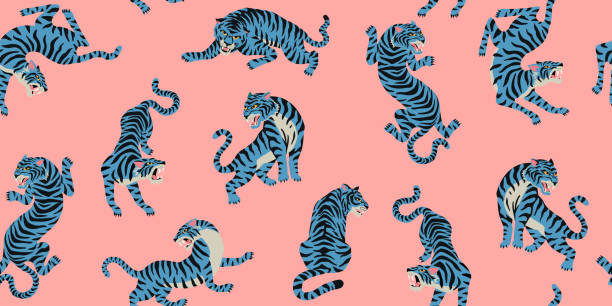 ピンクの背景にかわいい虎とベクトルシームレスなパターン。ファッショナブルなファブリックデザイン。 - 虎　イラスト点のイラスト素材／クリップアート素材／マンガ素材／アイコン素材