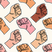 Vector seamless pattern with different colored human hands. Continuous line drawing of strong fist. Arm with clenched fingers. protest. Concept of fight for human rights. Stop racism