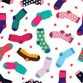 Vector seamless pattern with different funny socks. Sock seamless pattern, illustration of clothing cotton, warm and knitwear hosiery