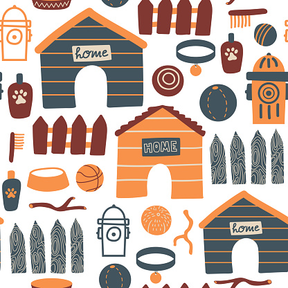 Vector seamless pattern with fire hydrant, balls, dog collar, fence, branch, doghouse, shampoo and bowl on white background. Cute dog stuff illustration for fabric, textile, background, wallpaper