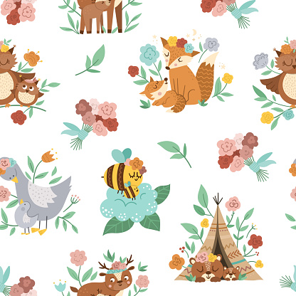 Vector seamless pattern with flowers, cute boho baby animals and parents. Funny woodland animal repeating background. Mothers Day digital paper. Mother and child texture, family love concept.