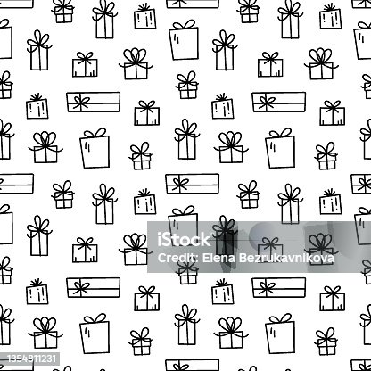 istock Vector seamless pattern with gift boxes. Hand drawn festive background. Holiday doodle pattern. 1354811231