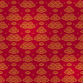 Vector seamless wave pattern with outline ornaments in Chinese style. Abstract ornamental design. Gold traditional Сhina elements on red background.
