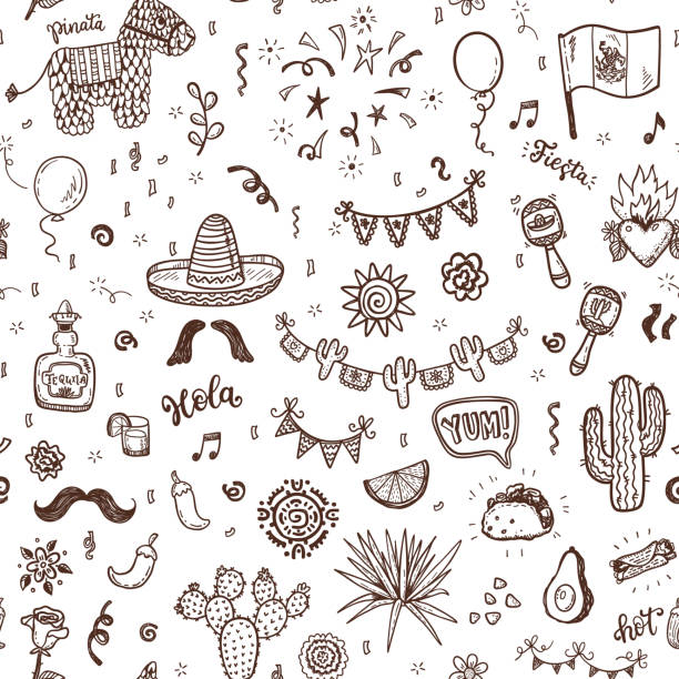 Vector seamless pattern with hand drawn doodle Mexican elements.  Independence day, Cinco de mayo celebration, party decorations for your design. Vector seamless pattern with hand drawn doodle Mexican elements.  Independence day, Cinco de mayo celebration, party decorations for your design. viva mexico stock illustrations