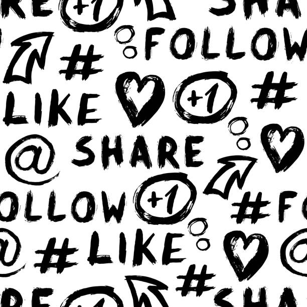 stockillustraties, clipart, cartoons en iconen met vector naadloze patroon met handgeschreven graffiti stijl sociale media symbolen, pictogrammen: hashtag, "at" teken, pijl, plus één opmerking, knop afspelen, woorden "like", "delen", "volgen". - followers