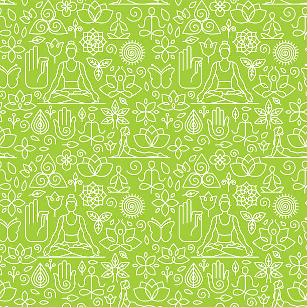 Vector seamless pattern with icons - yoga concepts Vector seamless pattern with icons and signs in trendy linear style - yoga concepts - design templates for packaging and posters yoga designs stock illustrations