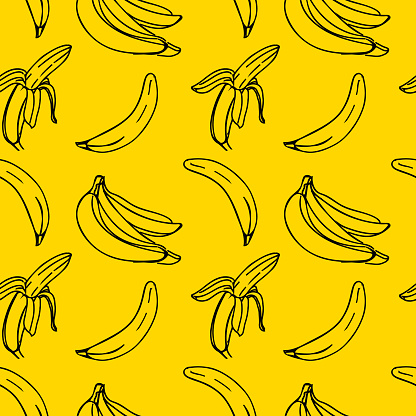 Vector seamless pattern with illustration of bananas in line art black color on a yellow