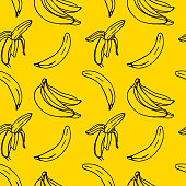 istock Vector seamless pattern with illustration of bananas in line art black color on a yellow 1315221625