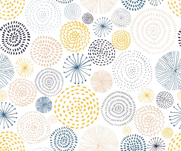 Vector seamless pattern with ink circle textures. Abstract seamless background with colorful fireworks. Vector seamless pattern with ink circle textures. Abstract seamless background with colorful fireworks. doodles and hand drawn background stock illustrations