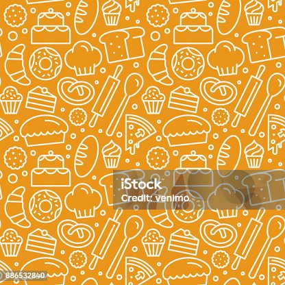 istock Vector seamless pattern with linear icons and illustrations related to bakery, cafe, cupcake shop 886532840