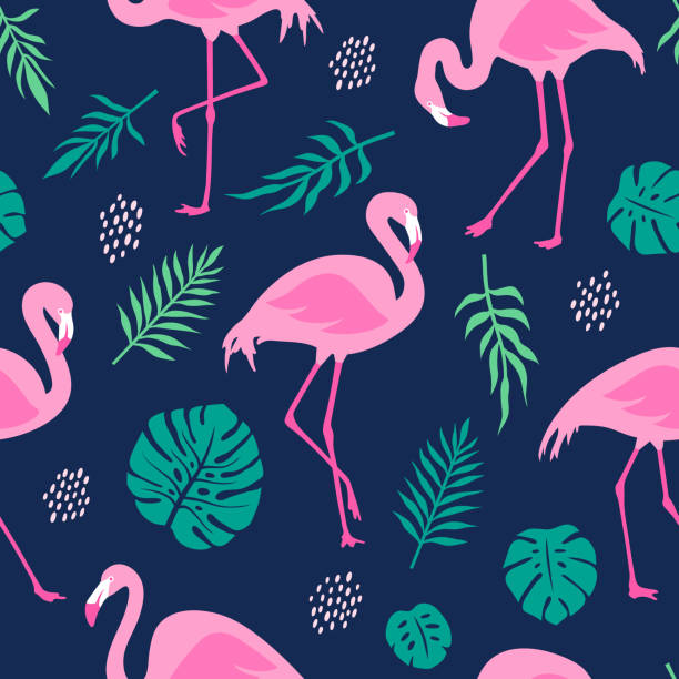 stockillustraties, clipart, cartoons en iconen met vector naadloze patroon met roze flamingo's en tropische palm bladeren. hand getekende illustratie. - flamingo