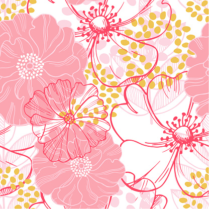 Vector seamless pattern with pink  flowers