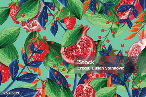 istock Vector seamless pattern with pomegranate and strawberry fruits 1277405129