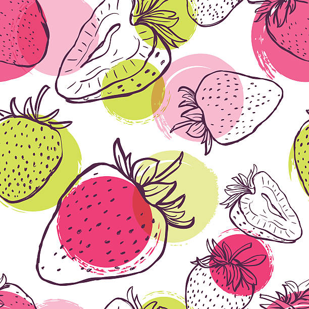 Vector seamless pattern with strawberries and colorful watercolor blots. Vector seamless pattern with strawberries and colorful watercolor blots. Hand draw background with black and white linear berries. Design for fabric, textile print, wrapping paper. strawberries stock illustrations