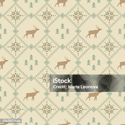 istock Vector seamless pattern with stylized spruces reindeers and snowflakes. Light ornate geometric background in scandinavian style for fabric, wrapping paper, packaging and wallpaper 1347077456