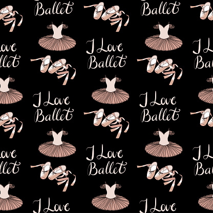 vector seamless pattern with the image of a tutu and pointe shoes