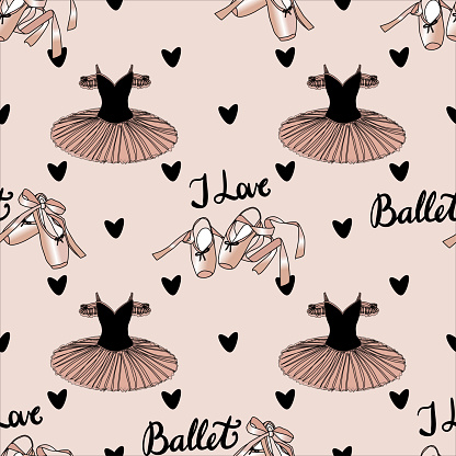 vector seamless pattern with the image of a tutu, pointe shoes