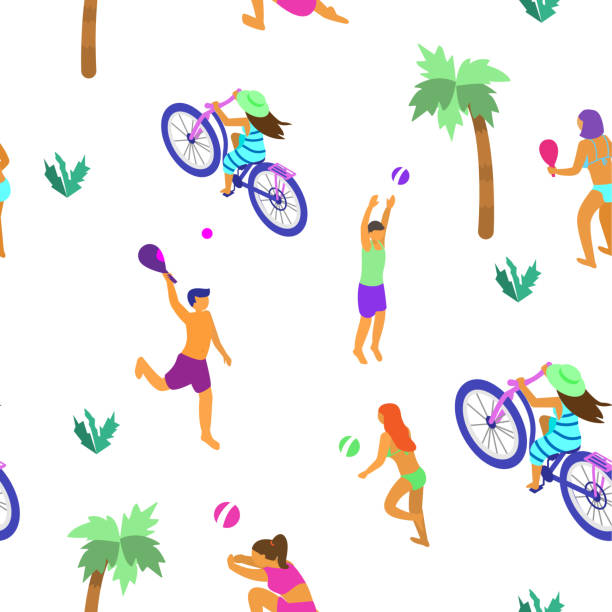 ilustrações de stock, clip art, desenhos animados e ícones de vector seamless pattern with tiny isometric people doing summer sports. - futebol de praia