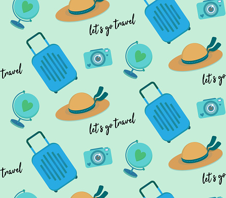 Vector seamless pattern with travel clip art set of objects - luggage bag, globe, instant photo camera, straw hat, text lets go travel. Cute background design flat style. Backdrop for travel, tourism.
