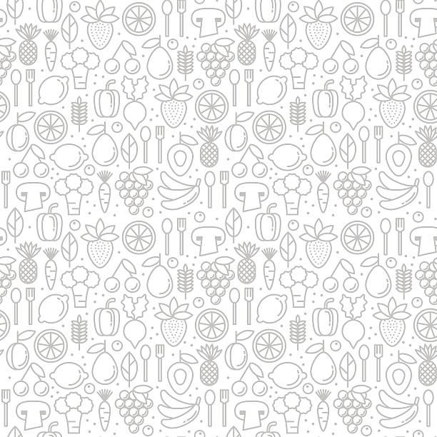 Vector seamless pattern with trendy icons of healthy eco fruits Vector seamless pattern with trendy icons of healthy eco fruits and vegetables food designs stock illustrations