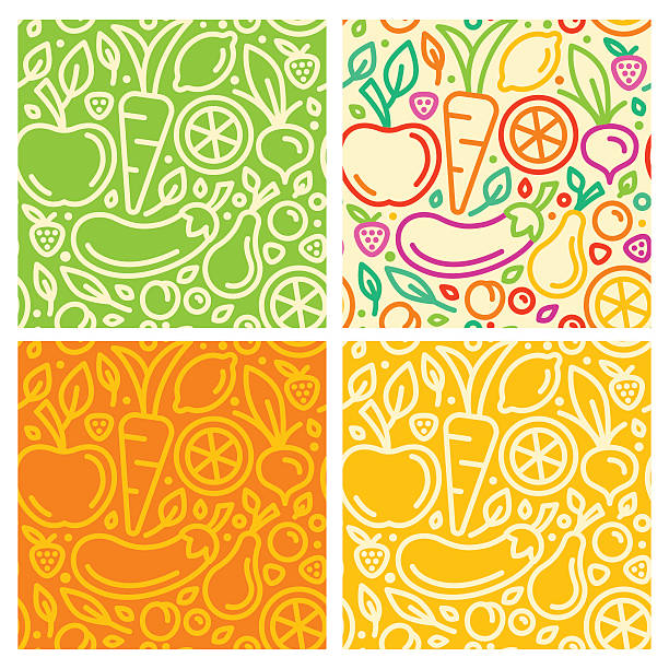 Vector seamless patterns Vector seamless patterns and abstract  backgrounds with trendy linear style - organic food and healthy products food patterns stock illustrations