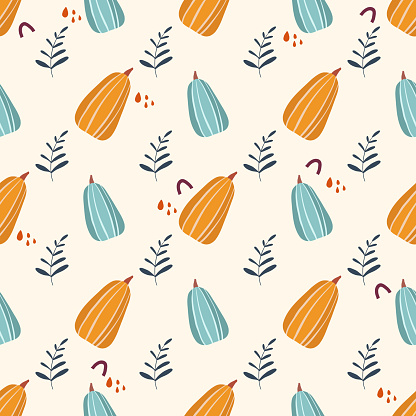 Vector seamless repeating simple pattern with hand drawn pumpkins and leaves