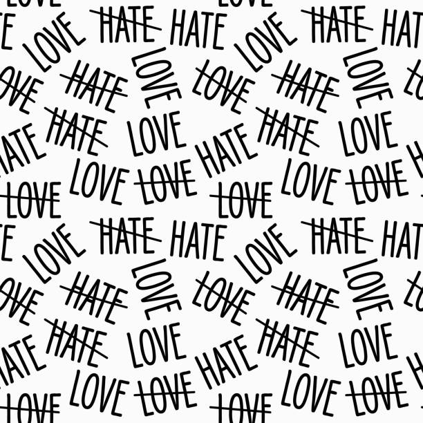 Vector seamless word pattern in white. Simple love hate words made...
