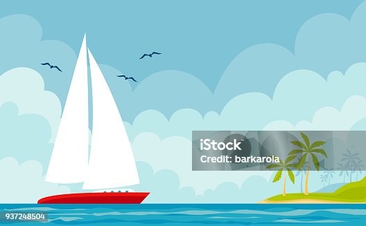 istock Vector seascape with boat and an island 937248504