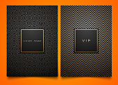 Vector set black packaging templates with different golden linear geometric pattern texture for luxury product. Trendy design for symbol. Square frame