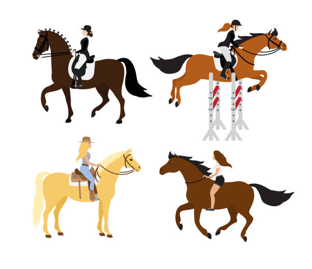 stockillustraties, clipart, cartoons en iconen met vector set bundle of flat cartoon colored women girl riding horse - jumping