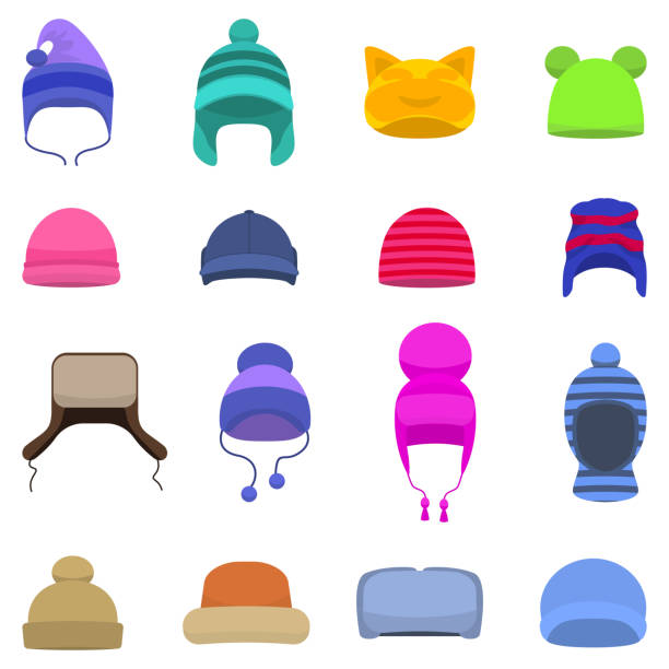 Vector set cartoon winter hats cap beanie Vector illustration set of cartoon winter hats. Isolated white background. Knitted head winter accessories. Flat style. Collection of caps, beanie. knit hat stock illustrations