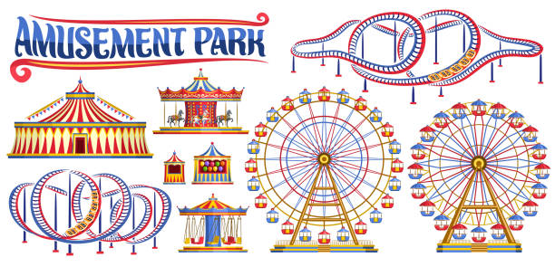 Vector set for Amusement Park Vector set for Amusement Park, lot collection of cut out illustrations variety carousels, extreme different roller coasters, various giant ferris wheels and vintage circus big top on white background. carousel horses stock illustrations