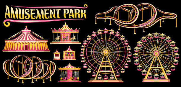 Vector set for Amusement Park Vector set for Amusement Park, lot collection of cut out illustrations variety carousels, extreme different roller coasters, various giant ferris wheels and vintage circus big top on dark background. carousel horses stock illustrations