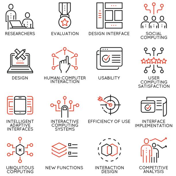 Vector set of 16 linear quality icons related to design, development, prototype of user interface and interaction. Mono line pictograms and infographics design elements Vector set of 16 linear quality icons related to design, development, prototype of user interface and interaction. Mono line pictograms and infographics design elements user experience stock illustrations