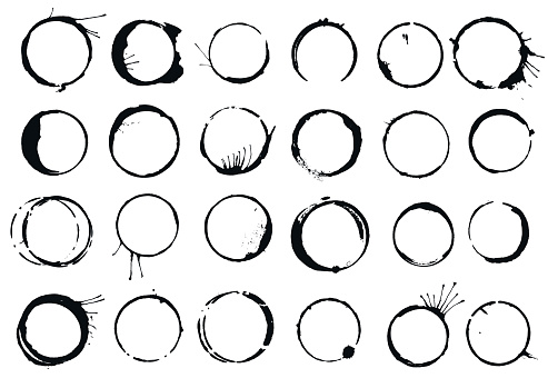 Vector set of 24 rings from stains of coffee cups with drops and smudges.