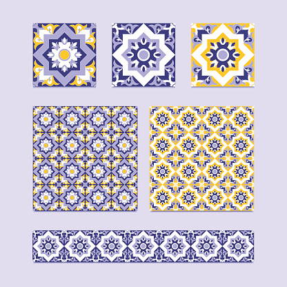 Vector set of 3 ceramic tiles, 2 tiled patterns