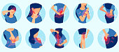Vector set of a woman with body pain, joint inflammation, headache