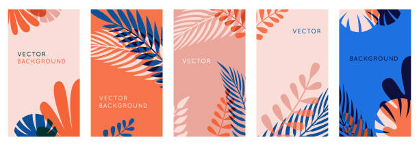 Vector set of abstract backgrounds with copy space for text, leaves and plants - social media stories wallpapers in minimal trendy style Vector set of abstract backgrounds with copy space for text, leaves and plants - bright vibrant banners in red and blue colors, posters, packaging cover design templates, social media stories wallpapers in minimal trendy style plant borders stock illustrations