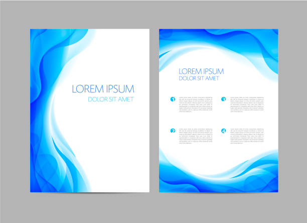Vector set of abstract blue annual report templates, water covers, wavy background, flyers, brochures. Flow Vector set of abstract blue annual report templates, water covers, wavy background, flyers, brochures. Flow, stream concept A4 water borders stock illustrations