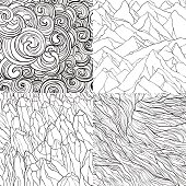 Vector set of seamless patterns with mountains, crystal stones, curls and lines. Contour illustrations.