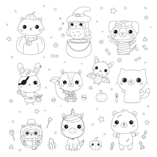 Vector set of animals in Halloween costumes. Coloring page for preschool children. Cute kawaii cartoon characters. Black and white illustration. Cat in pumpkin, bunny pirate, bat vampire, bear zombie Vector set of animals in Halloween costumes. Coloring page for preschool children. Cute kawaii cartoon characters. Black and white illustration. Cat in pumpkin, bunny pirate, bat vampire, bear zombie cute cat coloring pages stock illustrations