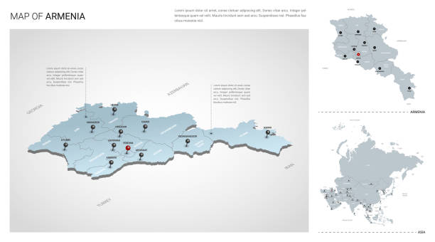 stockillustraties, clipart, cartoons en iconen met vector reeks van het land van armenië.  isometrische 3d kaart, de kaart van armenië, de kaart van azië-met gebied, staatsnamen en stadsnamen. - armenia