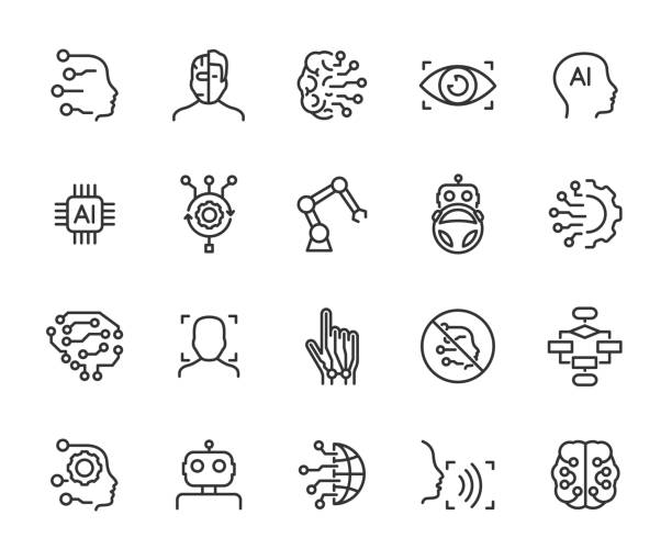Vector set of artificial intelligence line icons. Contains icons of chip, algorithm, robot, brain, machine learning, autopilot, face recognition and more. Pixel perfect. Vector set of artificial intelligence line icons. Contains icons of chip, algorithm, robot, brain, machine learning, autopilot, face recognition and more. Pixel perfect. robot icons stock illustrations