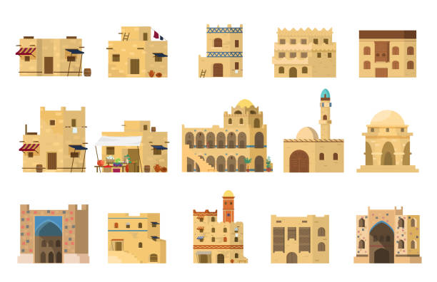 illustrazioni stock, clip art, cartoni animati e icone di tendenza di set vettoriale di autentiche case tradizionali in mattoni di fango arabo - case antiche