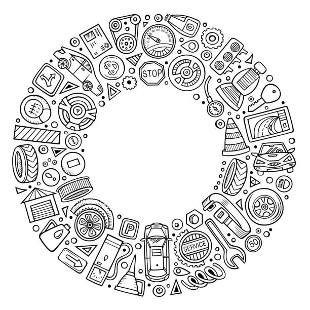 Vector set of Automotive cartoon doodle objects Line art vector hand drawn set of Automobile cartoon doodle objects, symbols and items. Round frame composition garage borders stock illustrations