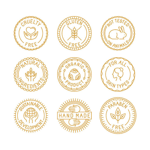 Vector set of badges and labels Vector set of badges and labels for natural and organic cosmetics for packaging and logo templates - collection with different certificates and emblems - cruelty free, gluten free, not tested on animals, natural ingredients, organic products, for all skin types, sustainable development mother nature stock illustrations