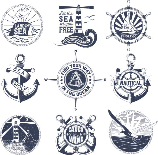 Vector set of badges with a general theme of the sea with the image of a wash, gulls, steering wheel, anchors for your design, printing, print on the T-shirt and the Internet. Vector set of badges with a general theme of the sea with the image of a wash, gulls, steering wheel, anchors for your design, printing, print on the T-shirt and the Internet. adventure borders stock illustrations